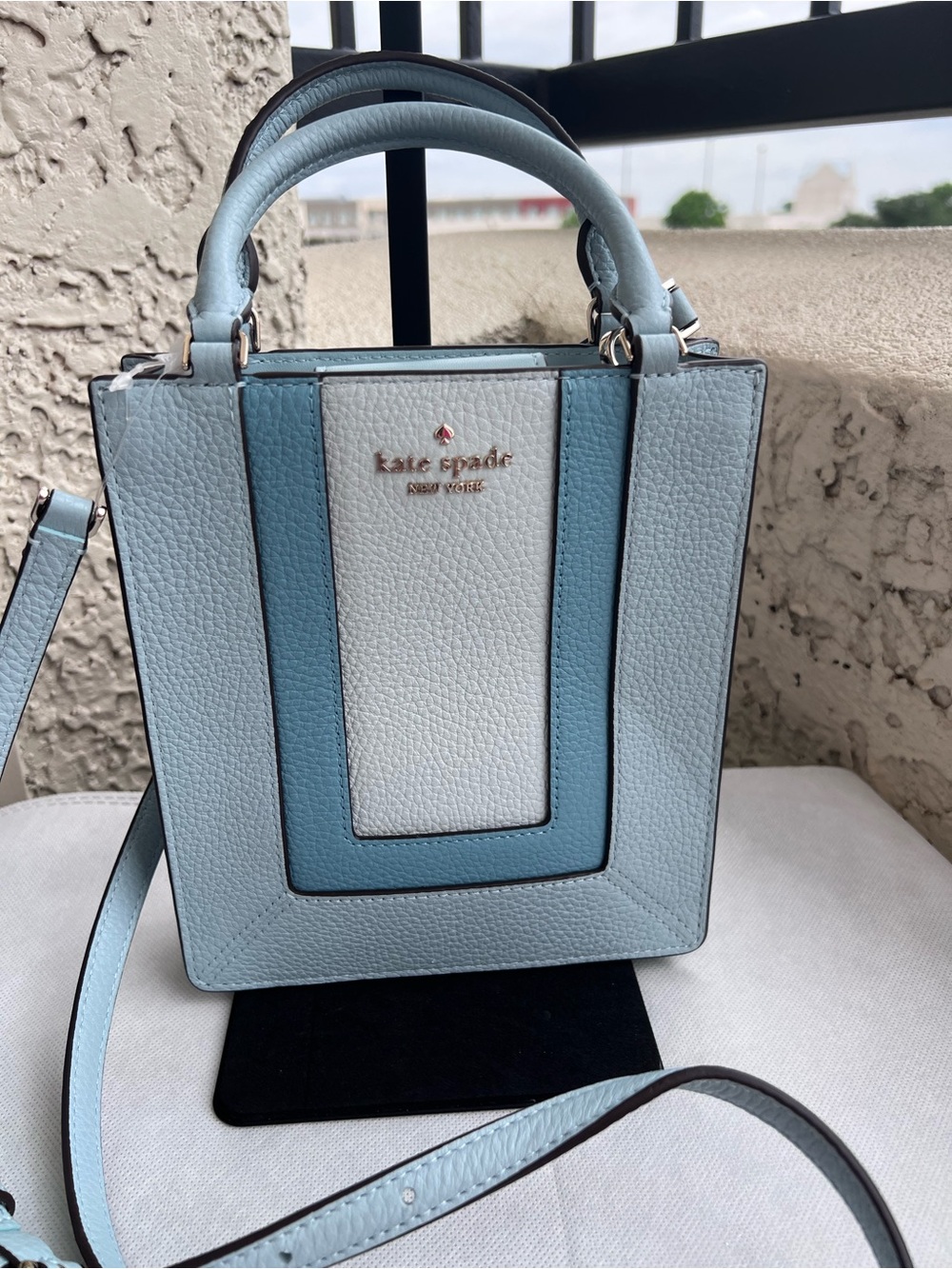 kate spade Lena Colorblock Light Blue & White Pebbled Leather Mini Tote